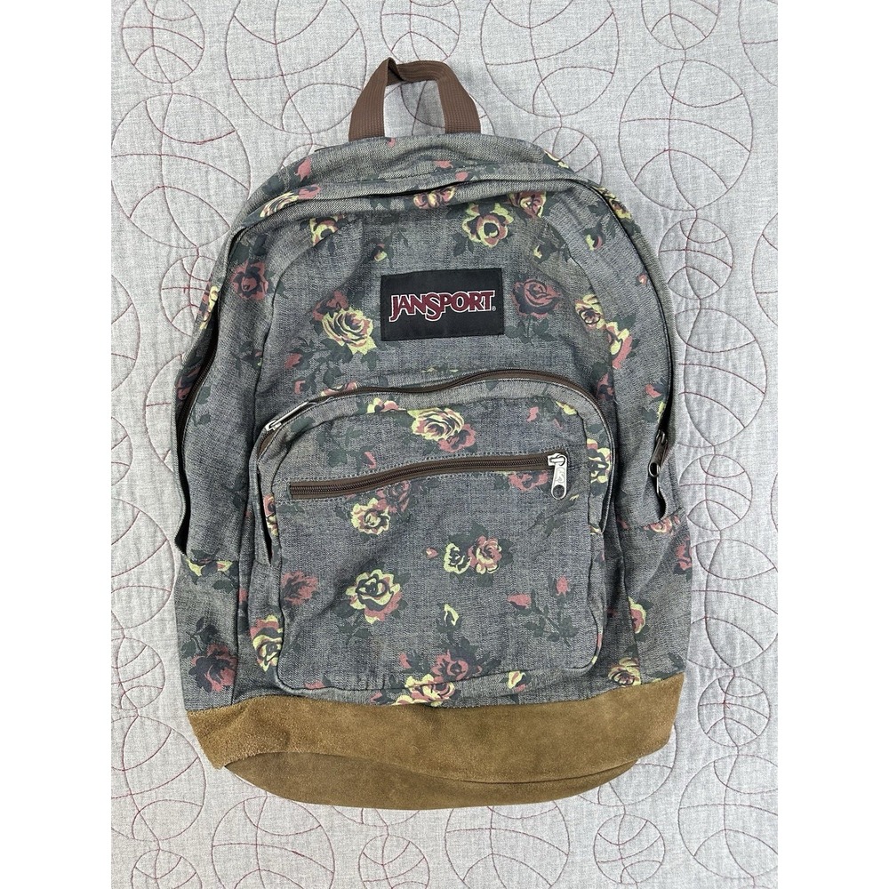Jansport Classics Suede Leather Bottom Backpack Gray Pink Floral
